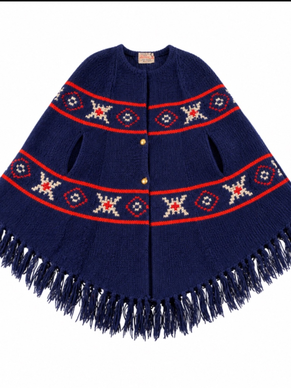 Vintage Miss Elaine Fully Fashioned Navy Acrylic Knit Poncho Cape Fringe Embroid
